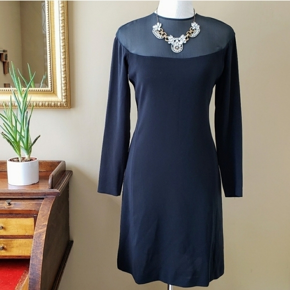 Ungaro Vintage 90s Black Mesh Collar Long Sleeve Sheath Dress Size 4 - Picture 1 of 6